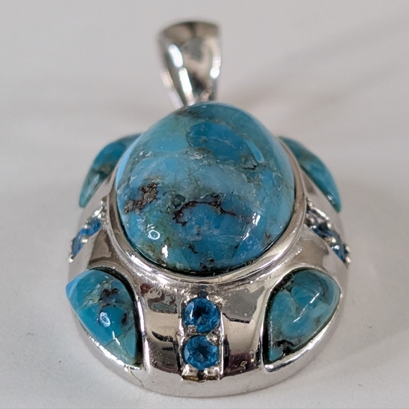 Vintage BBJ Sterling Silver Multi-Gemstone Pendant - Turquoise & Blue Topaz - Picture 4 of 7